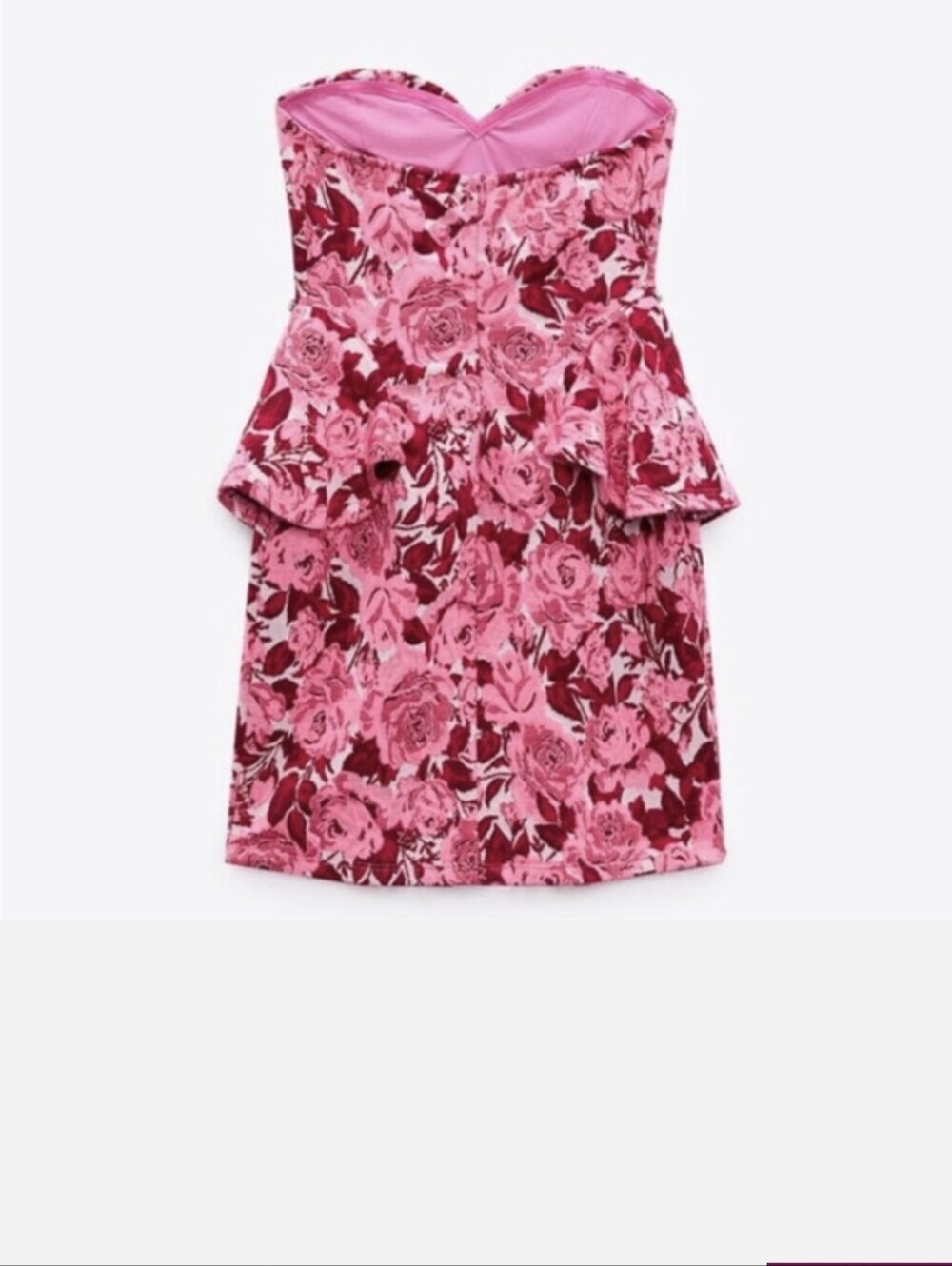Zara, Jaquard Strapless Pink Floral Peplum Mini Dress, S - Picture 5 of 6